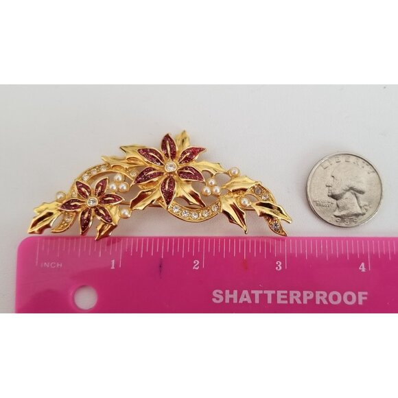 Avon Red Enamel, Rhinestone Faux Pearl Christmas Poinsettia Swag Brooch, M432 - Picture 5 of 6